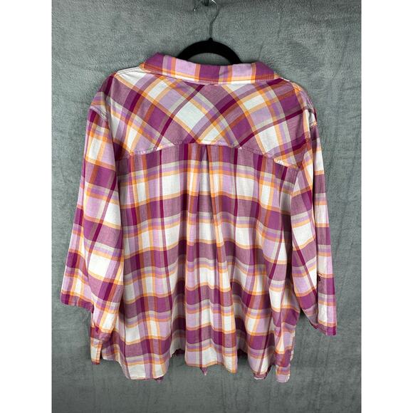 Catherines Top Womens 3X Purple Plaid Button Down Roll Sleeve Tunic Cottagecore - Picture 7 of 13